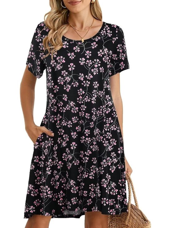 Dresses & Skirts - Women's Fushia Casual Loose Swing Tunic Short Sleeve Sun Mini Shirt Dress